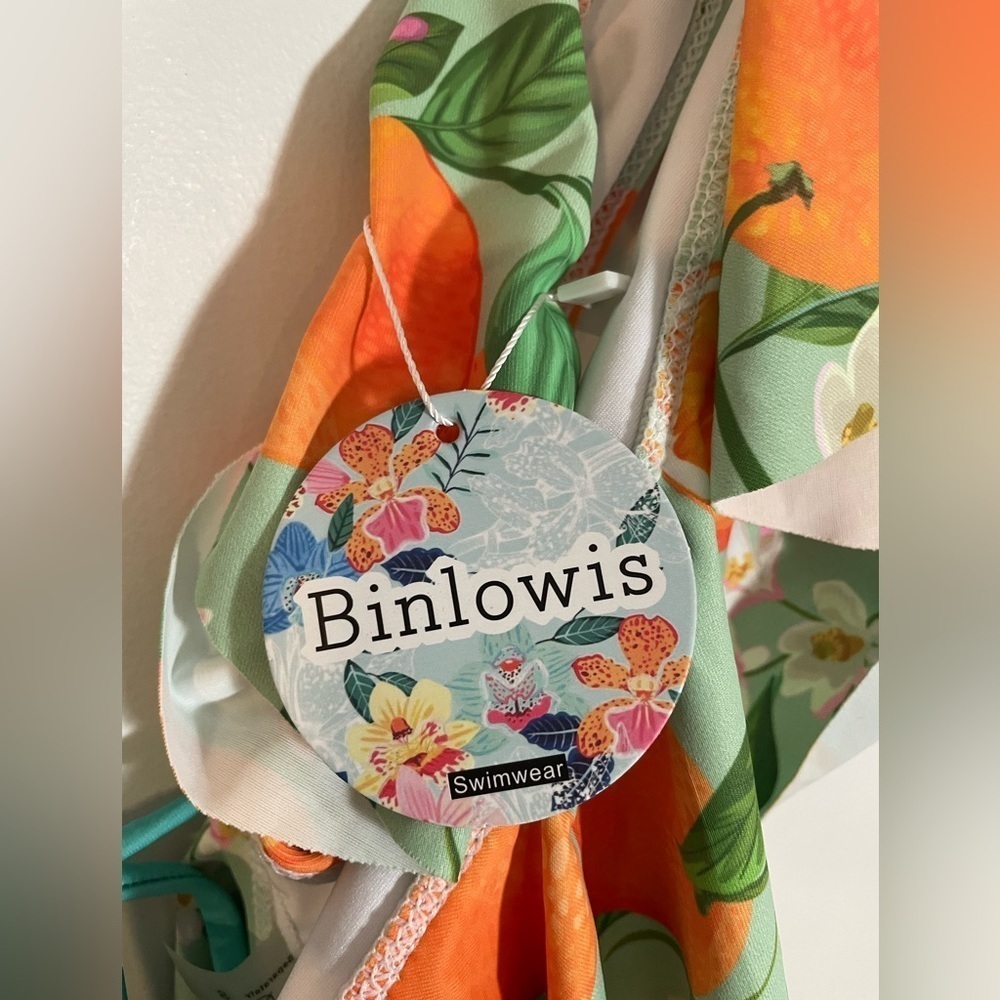 NWT Binlowis Deep V Neck Flounce One Piece Swimsuit Orange Print Ruffle  Small - Picture 5 of 8
